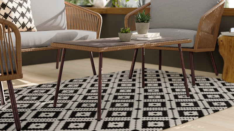 Ensemble de conversation Porto 4 pièces pour la terrasse à l’extérieur avec causeuse, 2 fauteuils et table à café - osier de type corde et métal, résistant aux rayons UV et aux intempéries - naturel et beige