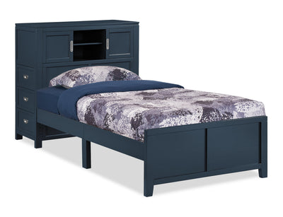 Quinn Platform Bed with Bookcase Headboard, Built-in Desk & Stool, Blue - Twin Size | Lit plateforme Quinn avec tête de lit bibliothèque, bureau intégré et tabouret, bleu - format lit simple