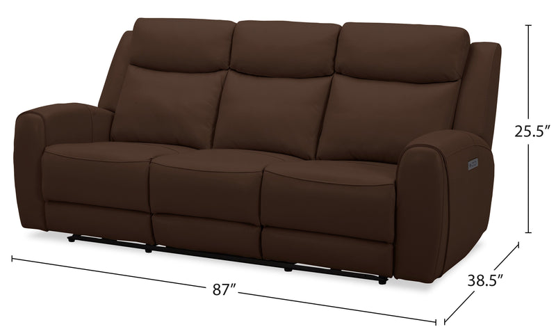 Sofa à inclinaison électrique Reign de 87 po en cuir véritable de qualité supérieure avec ports USB - brun chocolat Silverado