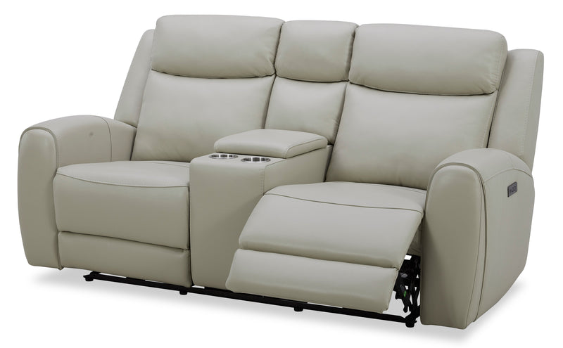 Causeuse à inclinaison électrique Reign de 78 po en cuir véritable de qualité supérieure avec console - taupe clair de lune Deltona