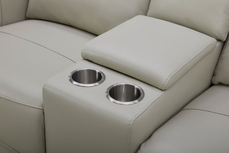 Causeuse à inclinaison électrique Reign de 78 po en cuir véritable de qualité supérieure avec console - taupe clair de lune Deltona