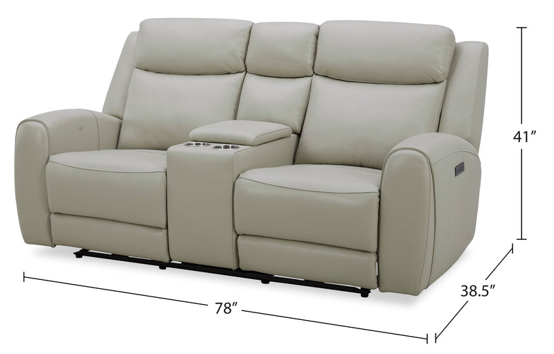 Causeuse à inclinaison électrique Reign de 78 po en cuir véritable de qualité supérieure avec console - taupe clair de lune Deltona