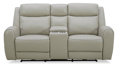 Reign 78" Top-Grain Genuine Leather Power Reclining Loveseat with Console - Deltona Moonshine Taupe | Causeuse à inclinaison électrique Reign de 78 po en cuir véritable de qualité supérieure avec console - taupe clair de lune Deltona