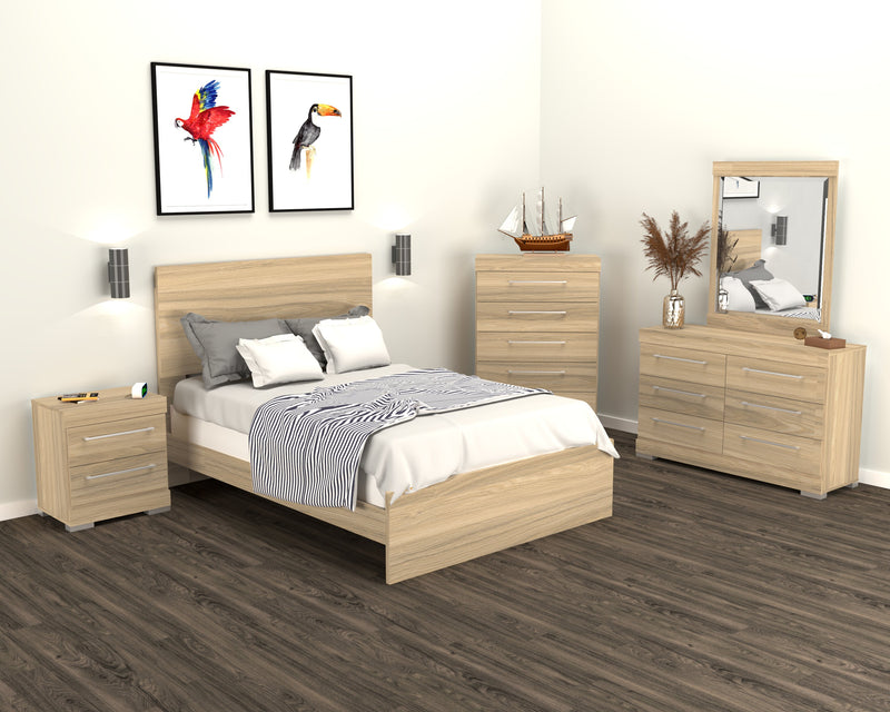 Ensemble de chambre à coucher Riley 5 pièces avec lit à panneaux, commode et miroir, fabriqué au Canada, naturel - format lit double