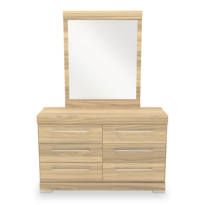Ensemble de chambre à coucher Riley 6 pièces avec lit à panneaux, commode, miroir et table de nuit, fabriqué au Canada, naturel - format lit double