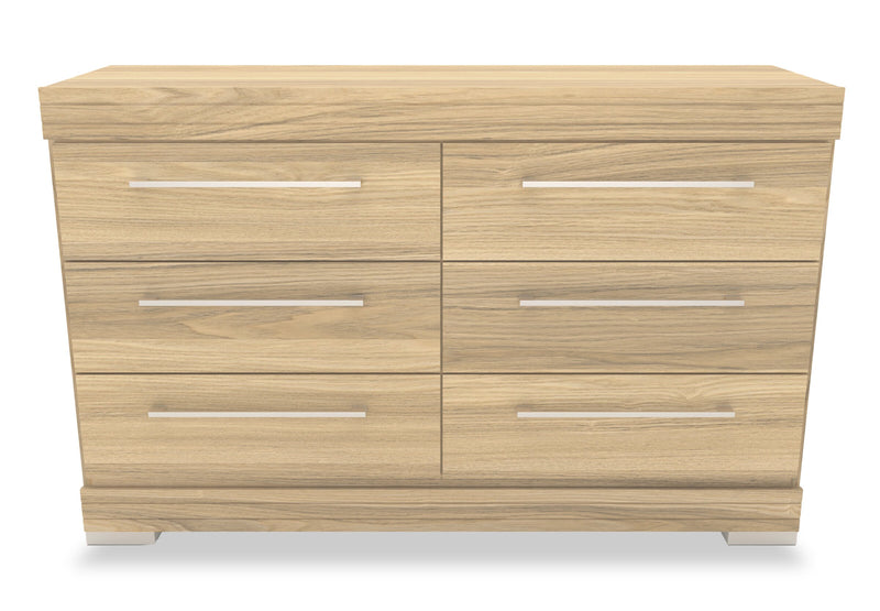 Ensemble de chambre à coucher Riley 6 pièces avec lit à panneaux, commode, miroir et table de nuit, fabriqué au Canada, naturel - format lit double