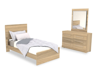 Riley 5pc Bedroom Set with Panel Bed, Dresser & Mirror, Made in Canada, Natural - Twin Size | Ensemble de chambre à coucher Riley 5 pièces avec lit à panneaux, commode et miroir, fabriqué au Canada, naturel - format lit simple