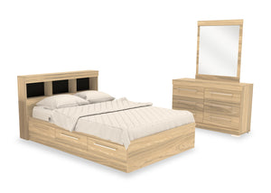 Ensemble lit matelot Riley 5 pièces avec tête de lit bibliothèque, commode et miroir, naturel - format lit double