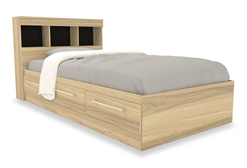 Ensemble lit matelot Riley 6 pièces avec tête de lit bibliothèque, commode, miroir et table de nuit, naturel - format lit simple