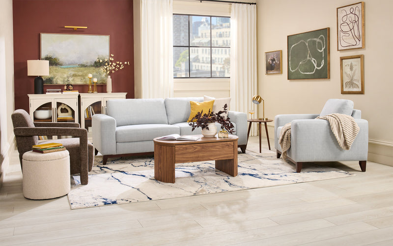 Fauteuil River de 40,1 po en tissu d’apparence lin avec base et pattes en bois - gris