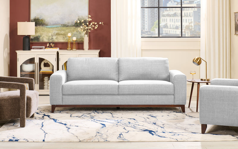 Sofa River de 87 po en tissu d’apparence lin avec base et pattes en bois - gris
