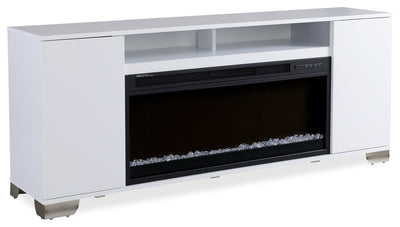 Robin 70" Modern Electric Fireplace TV Stand with Storage and Cable Management for TVs up to 80"- White|Meuble pour téléviseur moderne Robin de 70 po avec foyer électrique, rangement et système de gestion des câbles pour téléviseurs jusqu’à 80 po - blanc