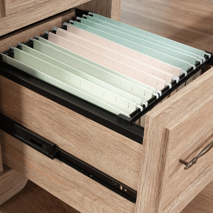Bureau en forme de L Rollingwood de 65,98 po de qualité commerciale avec plateau pour clavier et rangement - chêne brossé