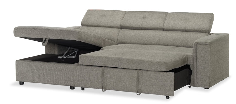 Sofa-lit sectionnel de gauche Savvy 2 pièces en tissu d’apparence lin avec fauteuil long de rangement et appuie-têtes réglables - gris