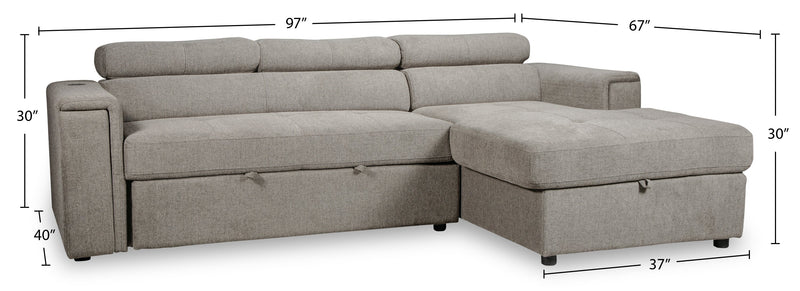 Sofa-lit sectionnel de droite Savvy 2 pièces en tissu d’apparence lin avec fauteuil long de rangement et appuie-têtes réglables - gris