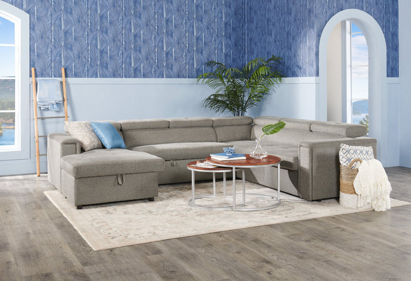 Sofa-lit sectionnel de gauche Savvy 3 pièces en tissu d’apparence lin avec fauteuil long de rangement et appuie-têtes réglables - gris