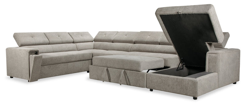 Sofa-lit sectionnel de droite Savvy 5 pièces en tissu d’apparence lin avec fauteuil long de rangement et appuie-têtes réglables - gris