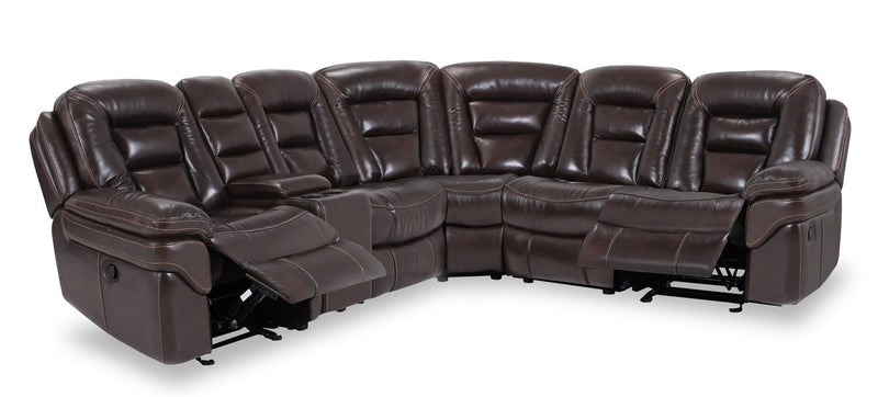 Sofa sectionnel inclinable Leo 6 pièces en cuir véritable avec console de rangement et 2 porte-gobelets - brun noyer