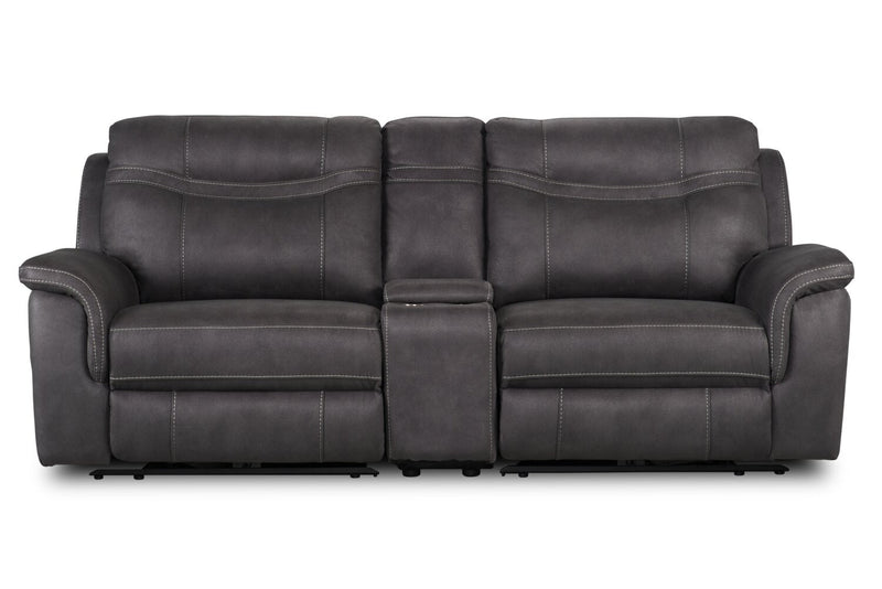 Causeuse à inclinaison électrique Floy de 99 po en suédine avec appuie-têtes électriques, console de rangement et ports USB - grise