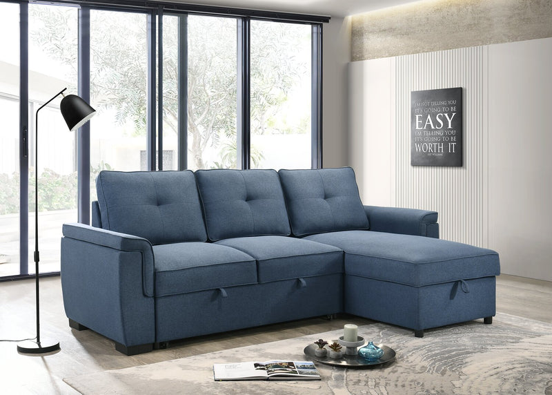 Sofa-lit sectionnel réversible Eden 2 pièces en tissu avec fauteuil long de rangement et coussins de dossier amovibles - bleu