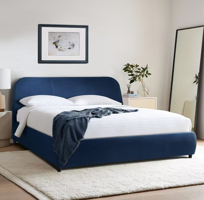 Lit plateforme rembourré Mave en tissu de velours bleu - format très grand lit