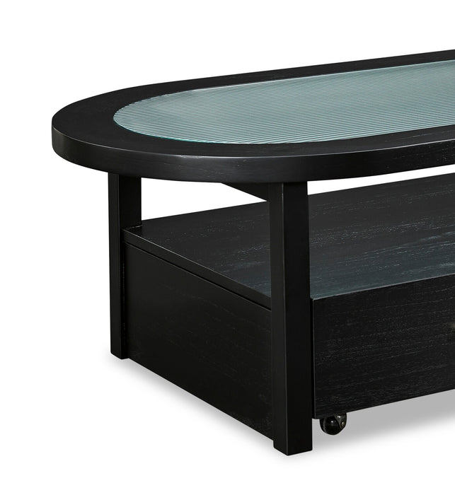 Table à café contemporaine Julian de 52 po en verre avec rangement et roulettes - noire