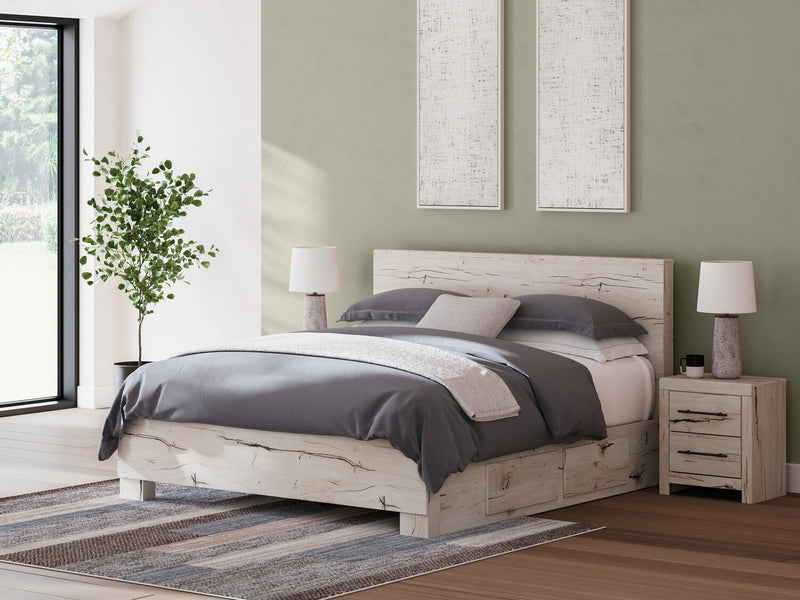 Ensemble de chambre à coucher Derekson 6 pièces blanc rustique avec lit de rangement latéral, commode, miroir et table de nuit - format très grand lit