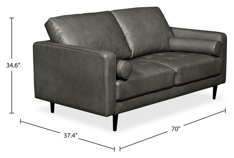 Causeuse Edge de 70 po en cuir véritable avec pattes en bois et coussins de dossier amovibles - grise