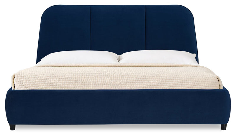 Lit plateforme rembourré Mave en tissu de velours bleu - format très grand lit