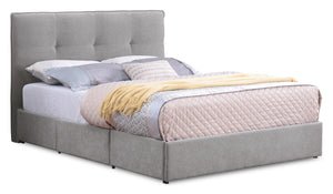 Lit de rangement Amos rembourré en tissu gris avec tête de lit capitonnée et 3 tiroirs intégrés - format grand lit