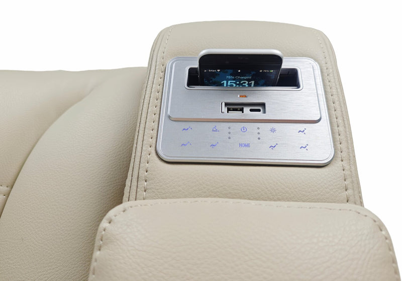 Sofa sectionnel à inclinaison électrique Zen 5 pièces de style cinéma maison en tissu d’apparence cuir avec massage et 2 consoles de rangement - abricot