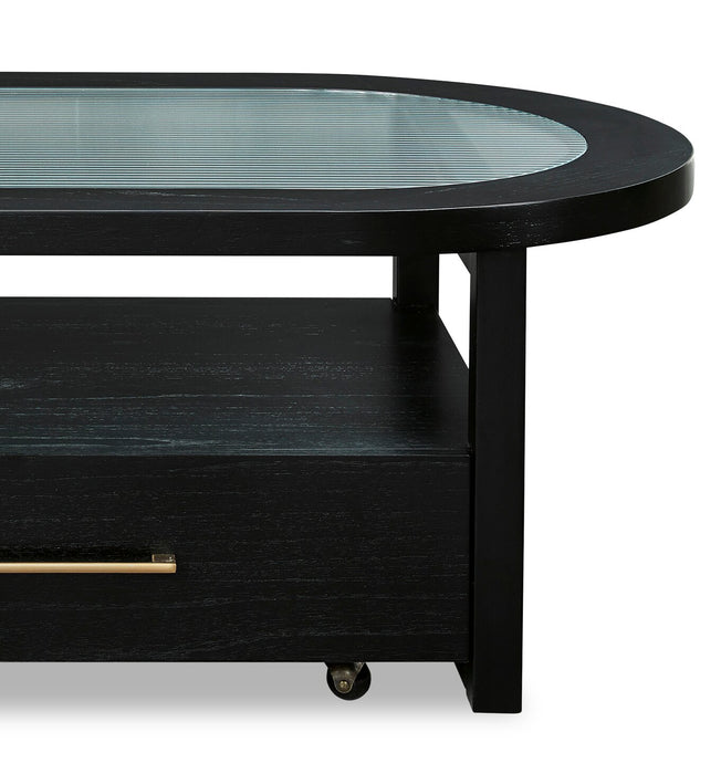 Table à café contemporaine Julian de 52 po en verre avec rangement et roulettes - noire