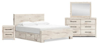 Ensemble de chambre à coucher Derekson 6 pièces blanc rustique avec lit de rangement latéral, commode, miroir et table de nuit - format très grand lit