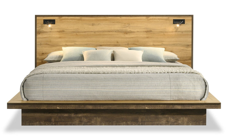 Ensemble de chambre à coucher Silas 5 pièces brun rustique avec lit plateforme, commode, miroir et éclairage à DEL - format très grand lit
