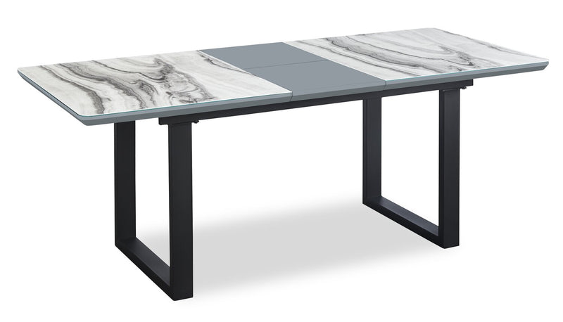 Table de salle à manger Ezra de 63 po à 79 po (L) avec rallonge papillon se rangeant, en métal, en verre et en imitation de marbre - blanche