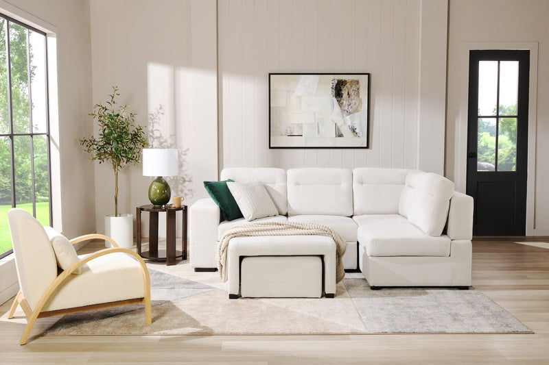 Sofa-lit sectionnel de droite Coast 3 pièces en tissu blanc ivoire avec fauteuil long de rangement et accoudoir de rangement