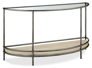 Table de salon en demi-lune moderne Saxon de 50 po avec tablette - naturelle et nickel rétro