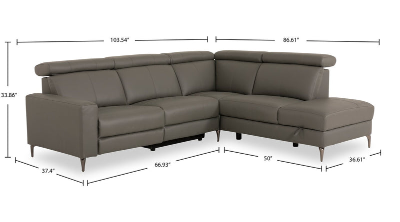 Sofa sectionnel de droite à inclinaison électrique Valentino 3 pièces en cuir véritable avec appuie-têtes réglables - gris