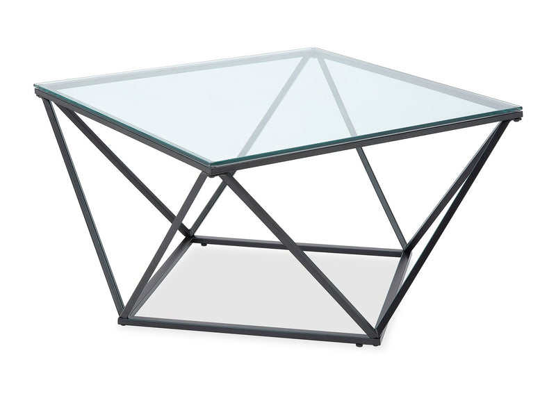 Table à café moderne Prism de 31,5 po avec dessus en verre - verre avec base en métal 