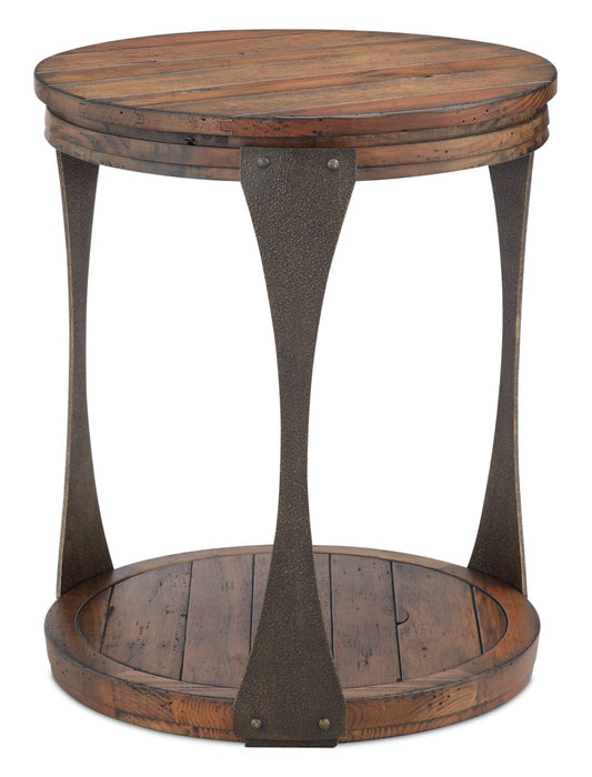 Table de bout ronde industrielle Albany de 20 po en pin avec tablette - bourbon