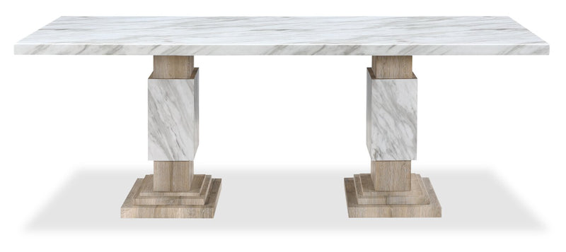 Ensemble de salle à manger Vega 7 pièces avec table de 82 po (L), imitation de marbre, base piédestal et 6 chaises - naturel et blanc