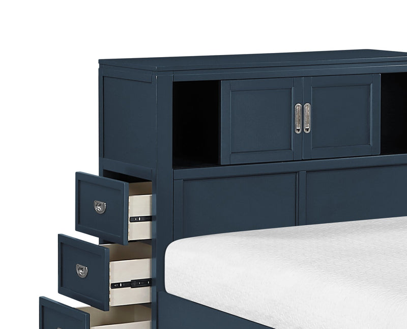Lit plateforme Quinn avec tête de lit bibliothèque, bureau intégré et tabouret, bleu - format lit double
