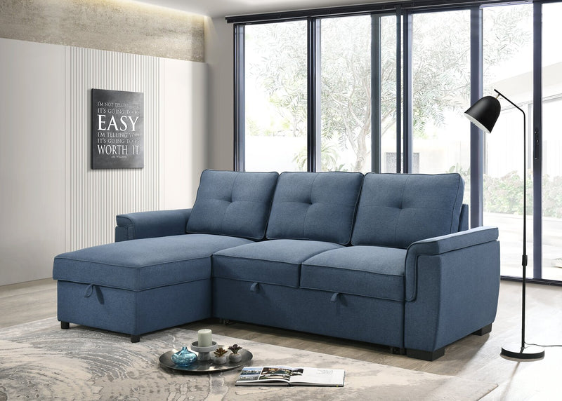 Sofa-lit sectionnel réversible Eden 2 pièces en tissu avec fauteuil long de rangement et coussins de dossier amovibles - bleu