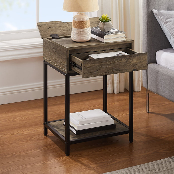 Table de nuit Akio de 18 po (l) x 25,75 po (H) à 1 tiroir avec dessus relevable et rangement - brune et noire