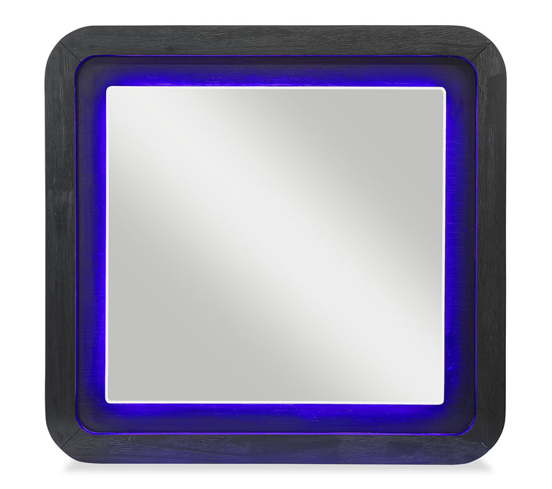 Ensemble de chambre à coucher moderne Kaleo noir 6 pièces avec lit, commode, miroir, table de nuit et éclairage à DEL - format très grand lit