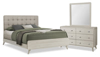 Ensemble de chambre à coucher de style moderne du milieu du 20e siècle Cami 5 pièces en chêne gris avec lit, commode et miroir - format grand lit