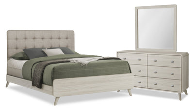 Cami 5pc Bedroom Set with Bed, Dresser & Mirror, Mid-Century Modern, Grey Oak - Queen Size | Ensemble de chambre à coucher de style moderne du milieu du 20e siècle Cami 5 pièces en chêne gris avec lit, commode et miroir - format grand lit