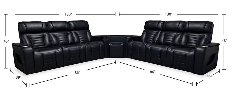Sofa sectionnel à inclinaison électrique Zen 3 pièces en similicuir avec massage et 2 consoles rabattables - noir