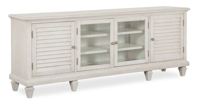 Baron 82” Rustic Pine TV Stand with Storage and Cable Management for TVs up to 90” - Alabaster | Meuble pour téléviseur rustique Baron de 82 po en pin avec rangement et système de gestion des