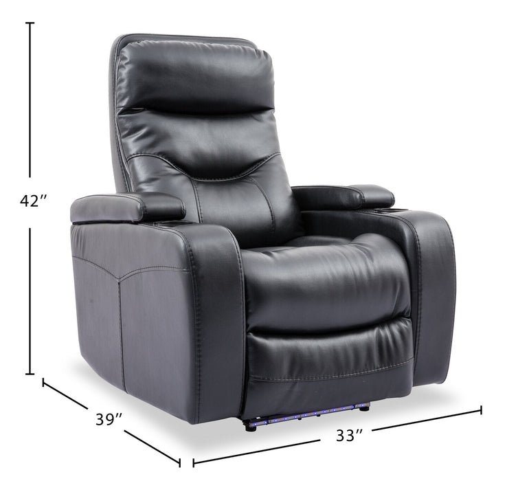 Fauteuil à inclinaison électrique Glow de 33 po en tissu avec accoudoirs de rangement - noir